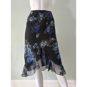 Notations Asymmetrical Skirt Lined Black Polka Dot Floral Elastic Waist Size L